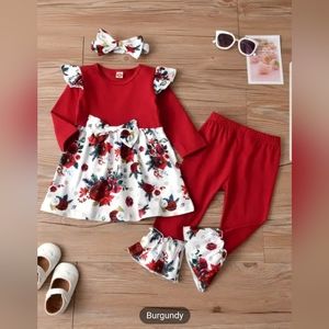 Girls Printed Bow Long Sleeve Top + Flared Pants + Bow Headgear
